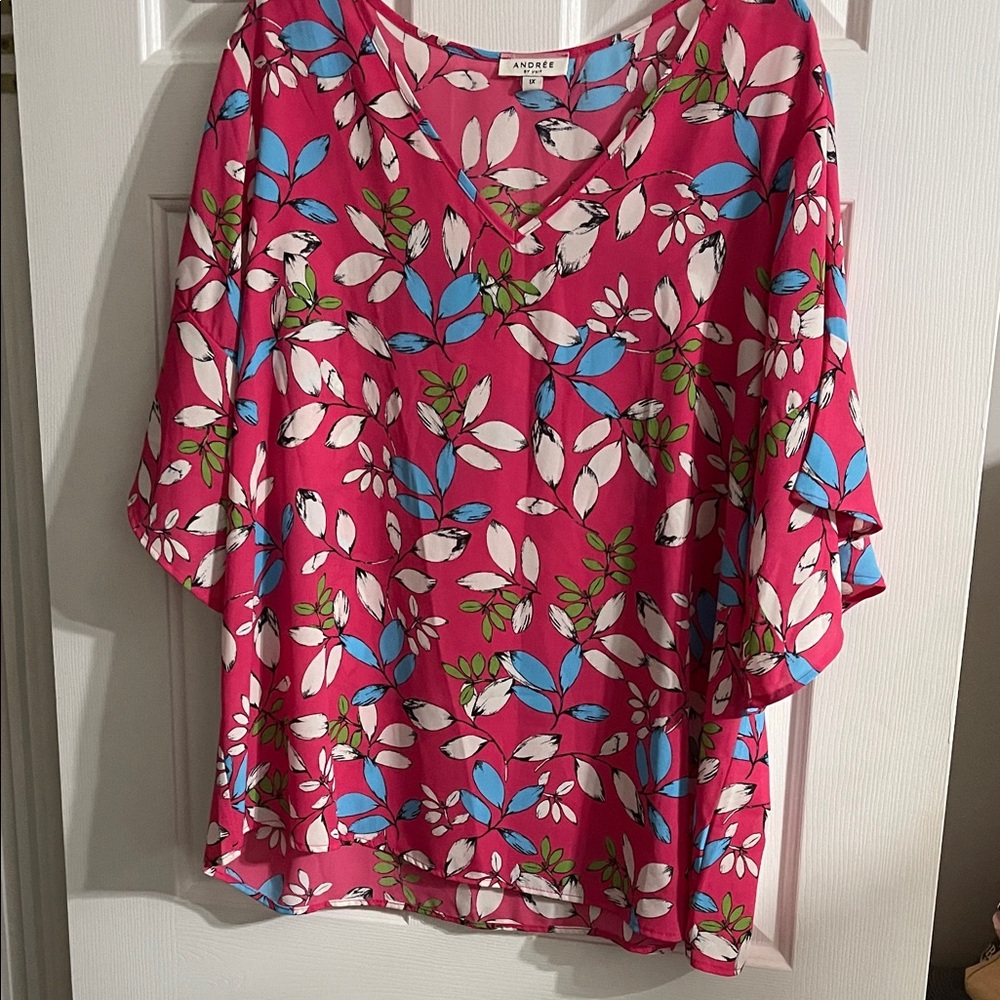 Andree Pink Floral V-Neck Blouse with Blue & White Leaves